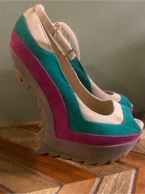 Liliana Beige Teal Berry Suede Platform Wedges